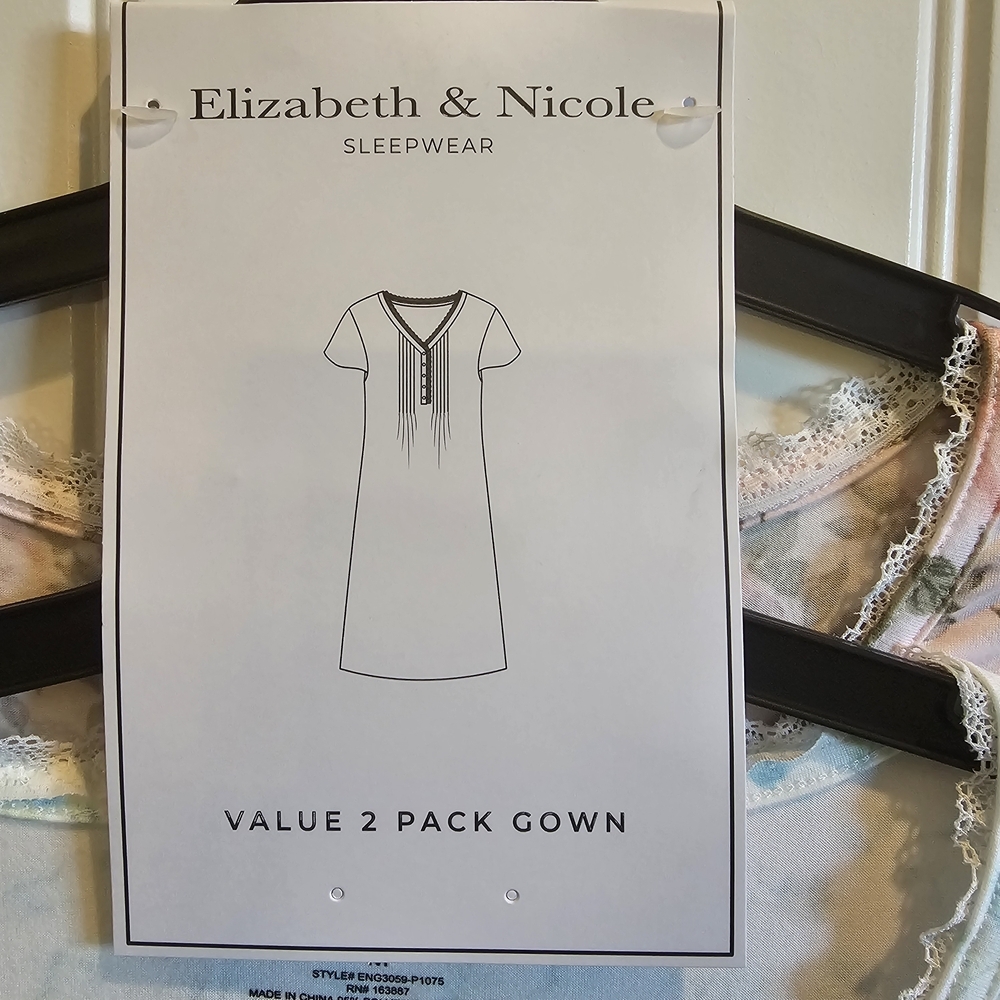 NWT Elizabeth & Nicole Sleepwear 2-Pack Nightgowns Gowns Women's Medium Floral - Picture 2 of 6